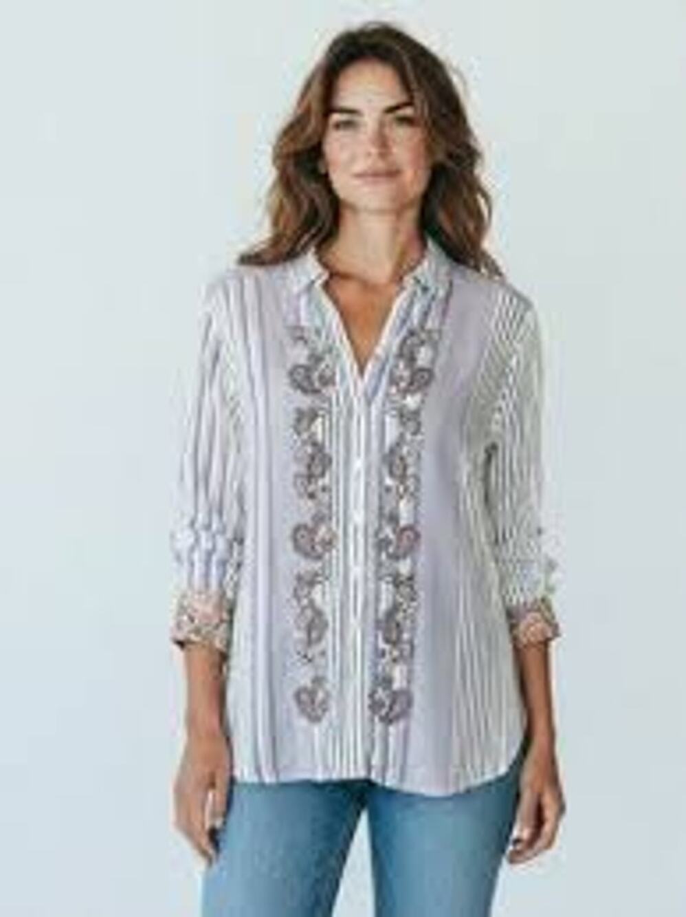 Chico's White Blue Stripes Multicolor Embroidery Floral Button Up Top sz 2/Large